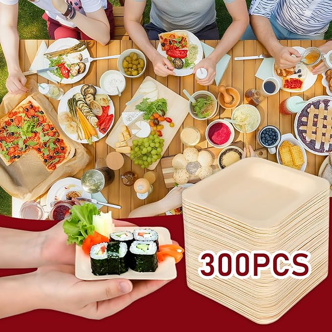 300 Pcs Disposable Palm Leaf Bowls, Square Bamboo Appetizer Plates, Compostable Wood Plates with Bamboo Forks for Birthday Wedding Party, Dessert, Catering and Home Use (4.4 x 4.4x0.5 Inch)