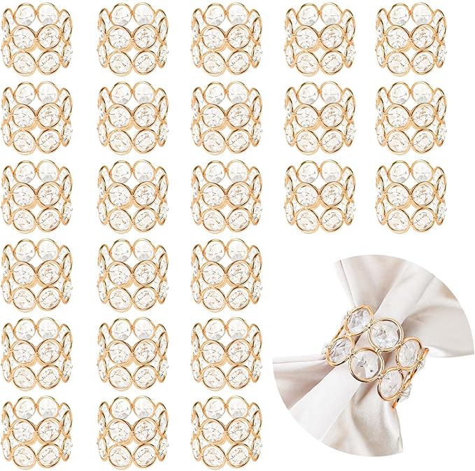 Crystal Metal Napkin Rings Set, Elegant Wedding/Party Table Decor, Shiny Holiday Dinner Accessories Bulk, Bridal Shower Gift, Anniversary, Christmas, Home Decor Essentials (Gold, 24-Pcs)