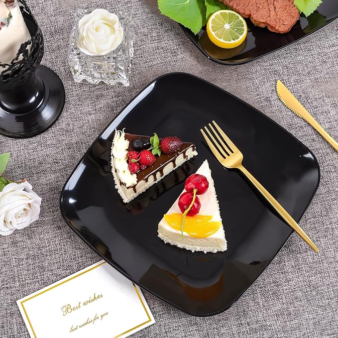 PULOTE 100 PCS Black Square Plastic Plates Disposable - Include 50 Each (10" Dinner & 7.25" Dessert) Plates - Ideal for Party & Halloween