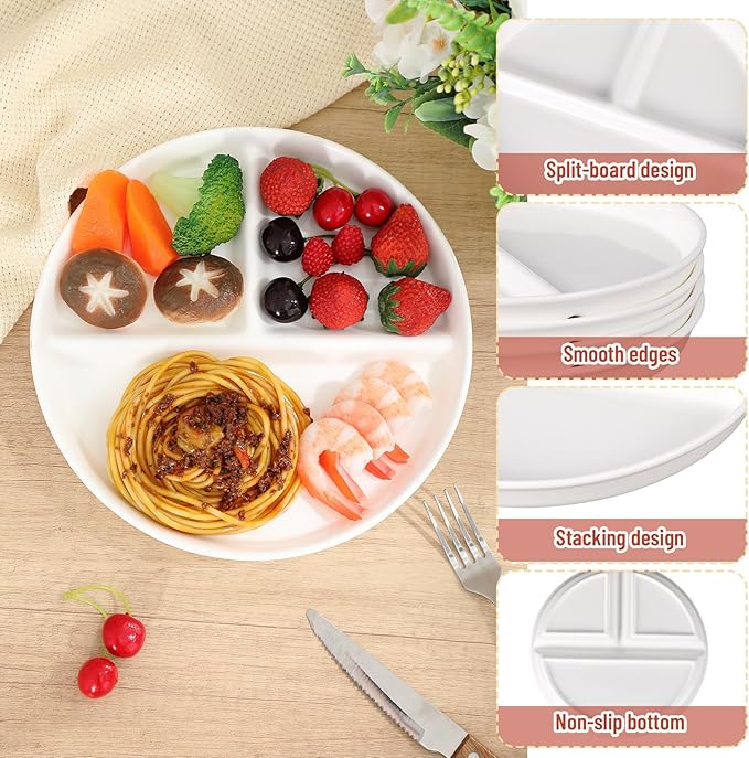 Lounsweer Set of 4 Pcs Portion Control Plate Ceramic Divided Bariatric Plates 3 Compartment Reusable Dinner Plates for Weight Loss Balanced Meal (8 Inch)
