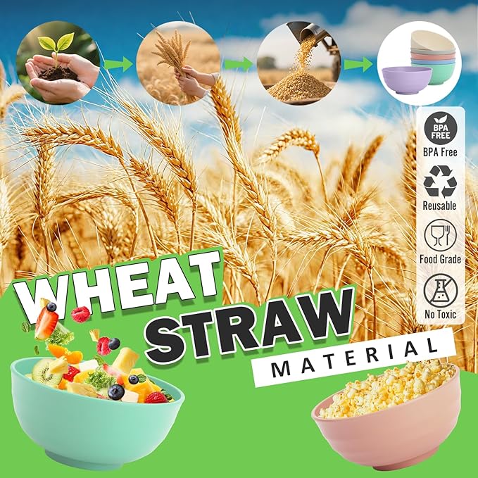 Large Serving Bowls Set of 6, 60 OZ Wheat Straw Bowls Unbreakable, Microwave Safe & Dishwasher Safe, Perfect for Parties, Salads, Noddles, Cereal, Soup, Family Gatherings, Colorful