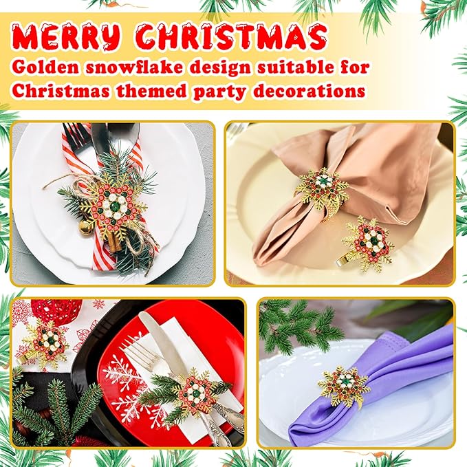 ZeeDix Christmas Colorful Snowflake Napkin Rings Set of 8, Napkins Ring for Dinning Table - Rustic Dinner Tables Decoration for Wedding Receptions Christmas Thanksgiving Holiday Party Dinner Parties