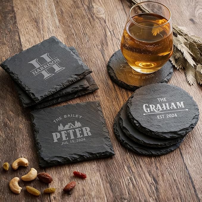 6 Pieces Slate Drink Coasters, 4 Inch Personalized Black Coasters Stone Coaster Set, Laser Engraving Blanks, Scratch Resistant Bottom, Home Office Kitchen Housewarming Gifts Wedding Party,Round