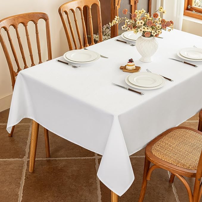 Textured White Fabric Table Cloth Rectangle 60 x 120 Inch Stain Resistant & Reusable Faux Linen Rectangular Tablecloth Easy Clean for Dining Banquet Wedding