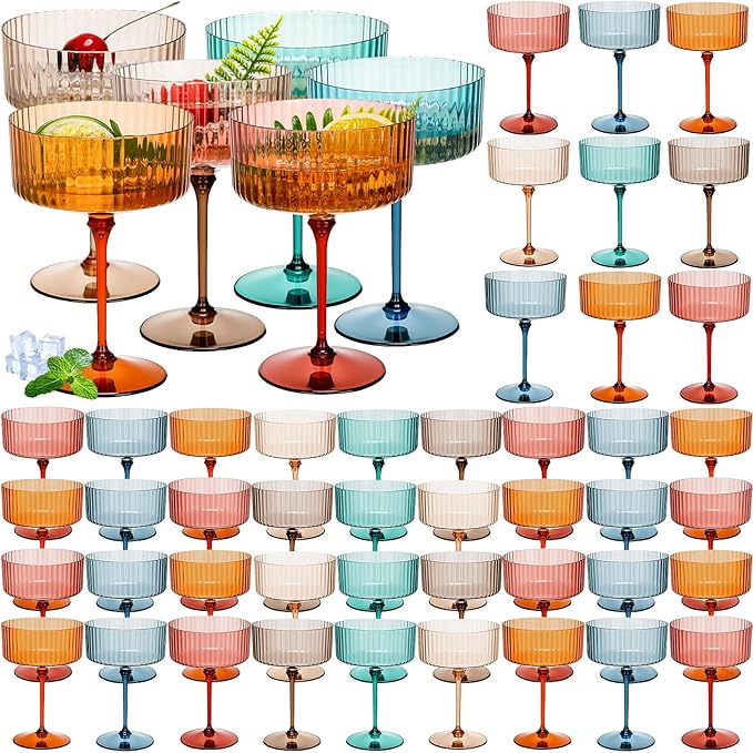 48 Pcs Ribbed Martini Glasses 10 oz Disposable Plastic Vintage Ribbed Coupe Glasses Unbreakable Dessert Parfait Glassware for Wedding Birthday Party Supplies (Classic Color)