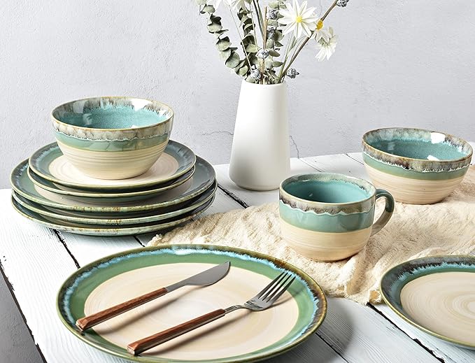 Bosmarlin Stoneware Dinner Plates, 10.5 inches, Set of 4 for Salad, Pasta, Dessert, Microwave and Dishwasher Safe (Green, 10.5 in)