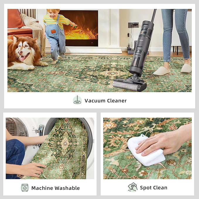 Green Runner Rugs 3x8 Boho Washable Area Rugs for Entryway Bathroom Kitchen, Long Rugs for Hallway Soft Low Pile Non-Slip Rubber Backing Oriental