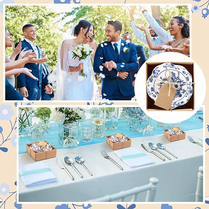 24 Pcs Wedding Favors for Guests Small Ceramic Bowl Bulk Gifts Set 3.3 Inch Floral Design Mini Dipping Sauce Dish with Card Box for Bridal Pooja Baby Shower Birthday Guest Gift (Blue)