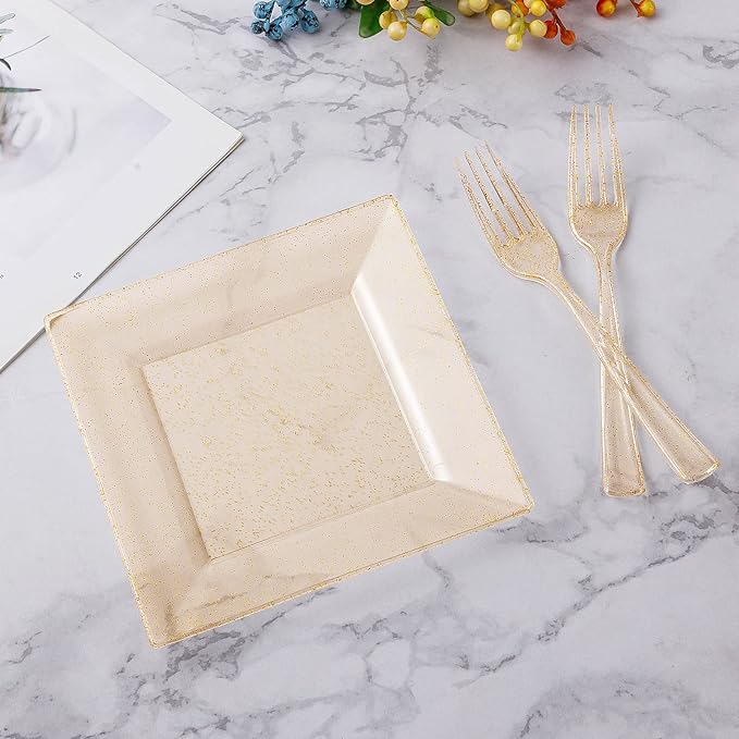 Goodluck 120PCS 6.5"Square Gold Glitter Dessert Plastic Plates with 7.4"Forks, Gold Appetizer Plates for 60 Guests, Including 60 Disposable Cake Plastic Plates and 60 Forks for Wedding/Birthday Party