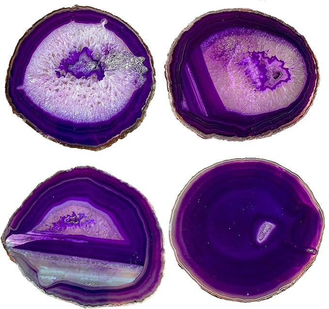 AMOYSTONE 4pcs Purple Agate Stone Coasters Large Cup Mat Natural Agate Slices 4-5 INCH with Rubber Bumpers, Home Decor