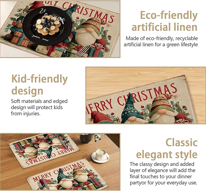 Table Placemats Set of 6, Waterproof Linen Fabric, Non-Slip Backing & Easy Clean, Elegant Dining Table Protectors for Family and Guests (Vintage Christmas Gnome)