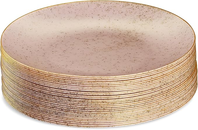 PLASTICPRO 30 Pack Disposable Plastic Plates Heavyweight Granite Look Elegant 9 inch Dinner Plates Pink with Gold Rim