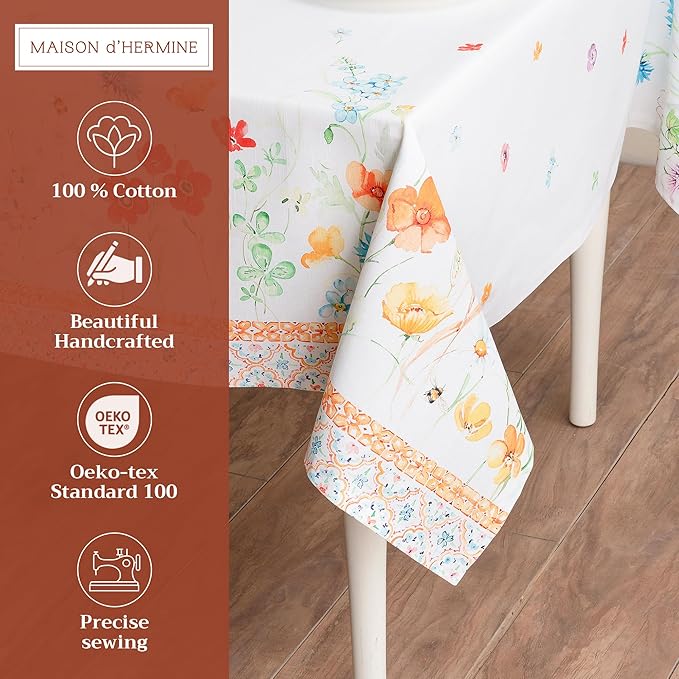 Maison d' Hermine Table Cloth Rectangle Table 100% Cotton 70 x 120 Inches Tablecloth Reusable Decorative for Dining Room Farmhouse Home Valentines Day Decorations Spring Summer - Summer Whisper