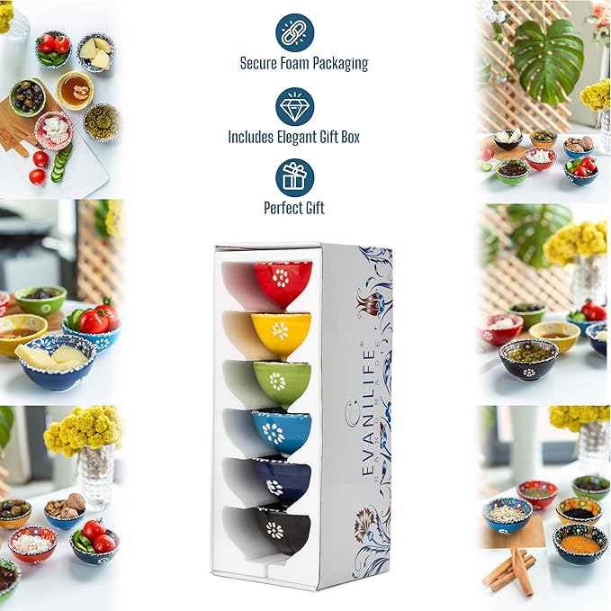 Ceramic Small Dipping Bowls Set of 6, 3.5 Oz Soy Sauce Dish, Handmade Charcuterie, Colorful Pinch, Dishwasher & Microwave Safe Sauce, 3.2'' Mini (DAISY MEDLEY)