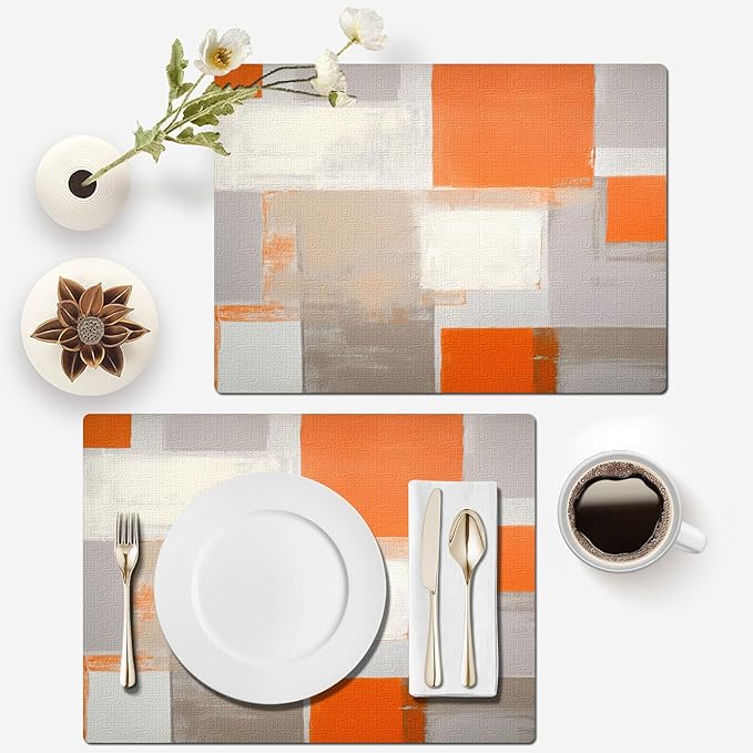 Mcalk Orange Table Runner and Placemats Set of 6, Abstract Brown Placemats, Modern Cloth Place Mats Indoor for Kitchen,Washable Linen Material for Dining Table