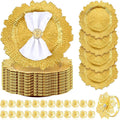 Dandat 48 Pcs Charger Plate Bulk 13'' Floral Reef Plates with Napkin Ring Plastic Dinner Charger Hollow Out Flower Napkin Holder Plastic Plate for Table Setting Wedding Party (Gold)
