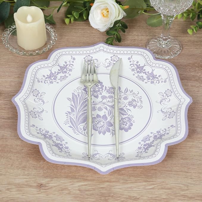 50 Pack 8" White Lavender Lilac French Toile Dessert Plates, Disposable Round Paper Floral Pattern Appetizer Salad Plates 300 GSM for Party Decoration