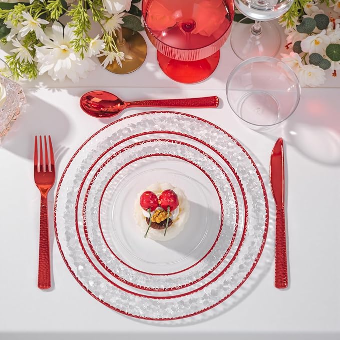 Ciaell 150 PCS Red Plastic Plates – Clear Hammered Disposable Plates with Red Rim include 50Plates, 25Forks, 25Knives, 25Spoons, 25Cups for Wedding & Party & Anniversary & Valentine's Day