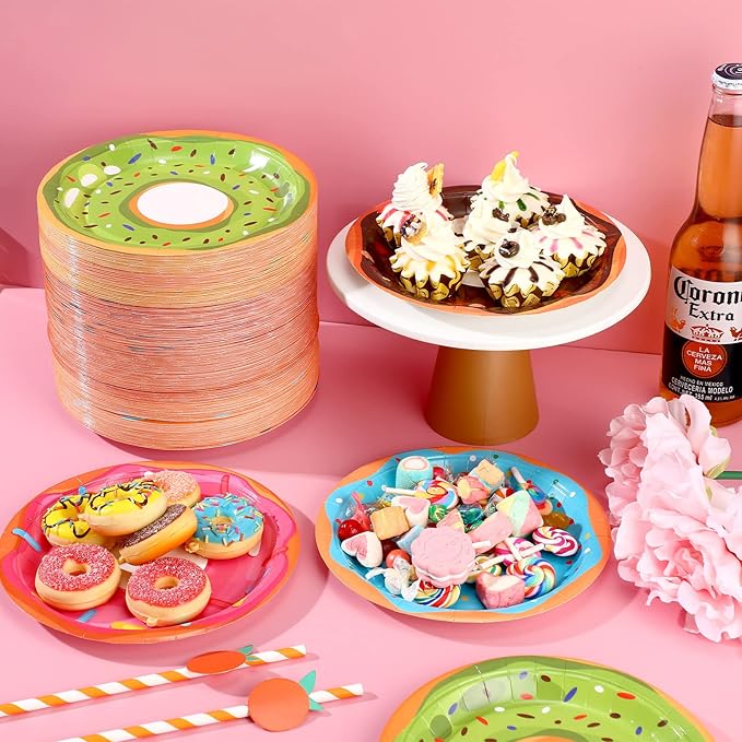 Huwena 200 Pcs Donut Paper Plates 7" Disposable Donut Party Plates Colorful Cute Serving Trays Snack Platter for Theme Birthday Assorted Designs Party Supplies