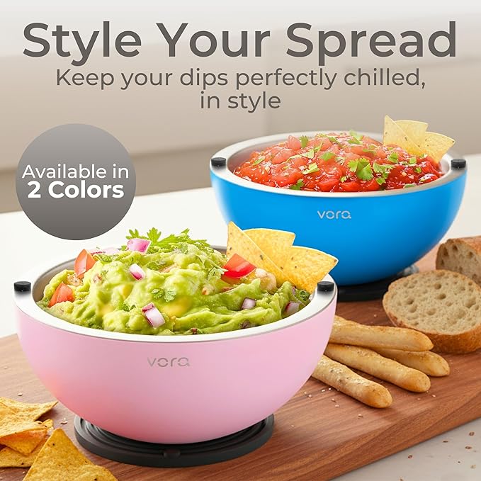 Vora 35oz Dip Chiller Bowl with Lid | 1 Pack Pink Stainless Steel Chilled Serving Bowl Keep Dips, Salads, and Appetizers Perfectly Cold with Leak-Resistant Ice Bowl for Effortless Hosting