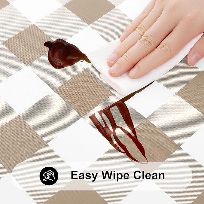 Smiry Rectangle Picnic Table Cloth, Elastic Waterproof Fitted Vinyl Tablecloths, Flannel Backed Buffalo Plaid Table Covers for Dining, Camping, Outdoor (White and Khaki, 36" x 60")