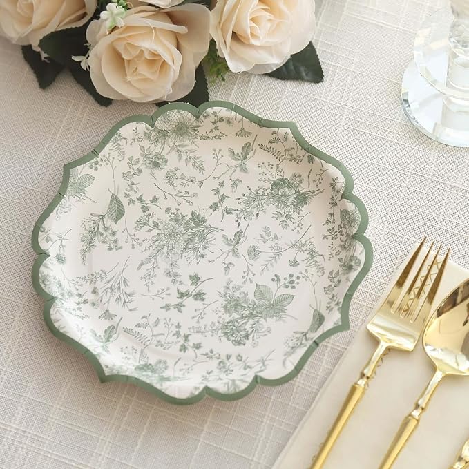50 Pack 8" Sage Green Dessert Plates in French Toile Floral Pattern, Disposable Round Paper Appetizer Salad Plates 300 GSM for Party Decoration