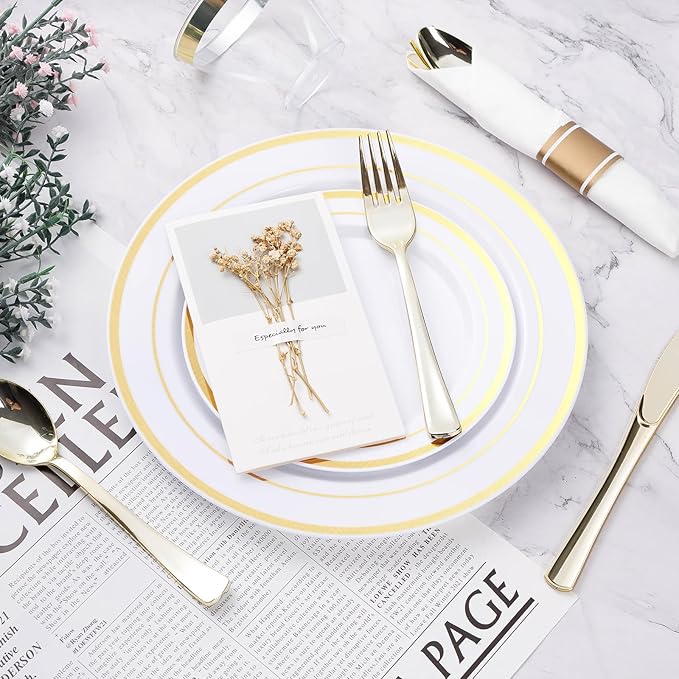 BESTVIP 525PCS Gold Plastic Dinnerware Set for 75 Guests, Disposable Plates for Party, Include: 150 Plastic Plates, 75 Pre Rolled Napkins with Gold Silverware, 75 Cups for Christmas, Halloween