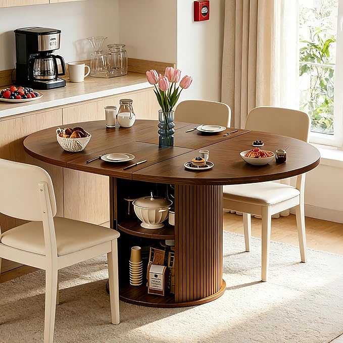 Extendable Round/Oval Dining Table Seats 2-4-6, 59" Modern Farmhouse Design with 2-Tier Storage & Fluted Slide Door, Dining Room Kitchen Furniture (Walnut, 59 inches)