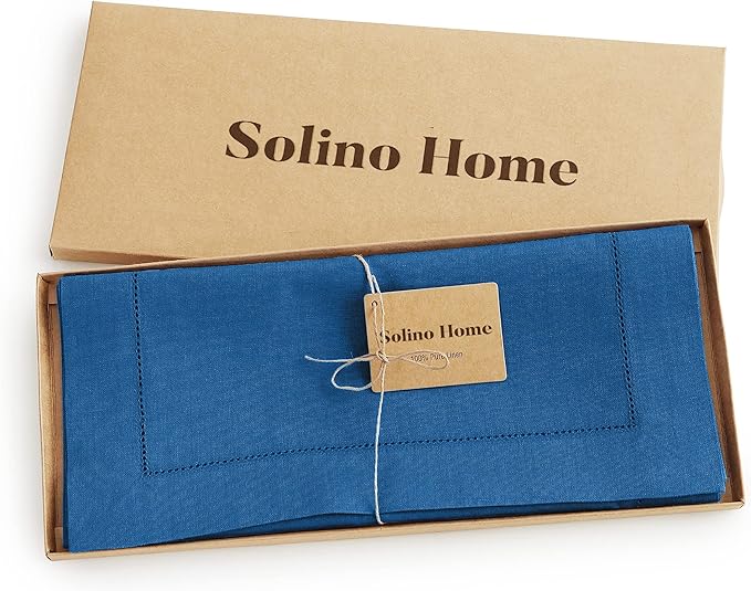Solino Home Linen Table Runner 48 Inches - 100% Pure Linen Indigo Blue Hemstitch Table Runner 14 x 48 Inch Ideal for Dresser and Coffee Tables - Spring, Easter - Classic Hemstitch
