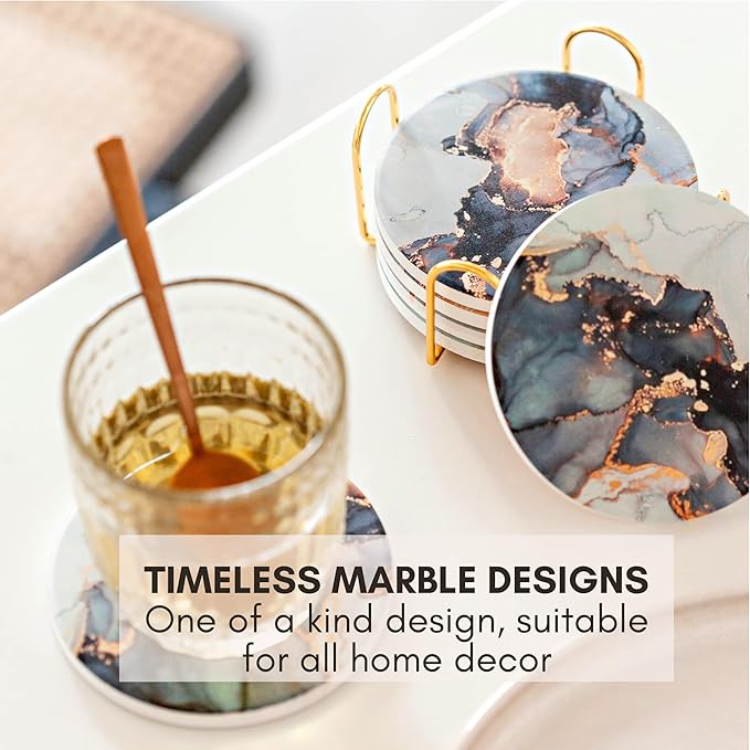 Ceramic Absorbent Coasters Set of 6 with Holder, Marble Drink Coasters for Coffee Table, Water Absorbing Coaster (Twinkle Gold Holder)