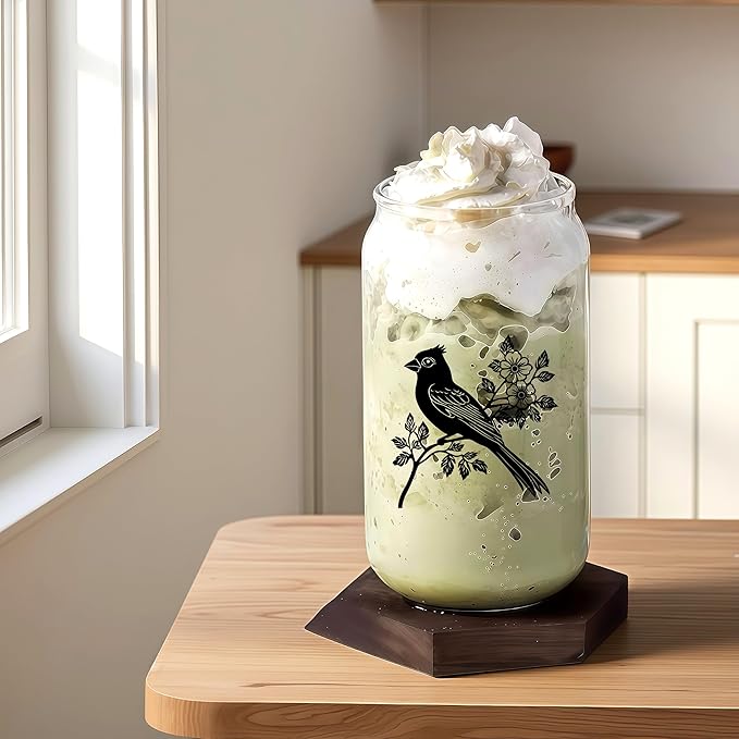 Cute Cardinal Glass Cup With Lids And Straws, Cardinal Gift For Women, Iced, Coffee, Smoothie, Cocktail, Beer, Whiskey, Soda, Matcha,16 Oz, Home Office Table Desk Decoration!