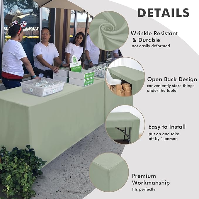 Nasitos 2 Pack Sage Green 6ft Table Cloth Fitted-Open Back Folding Table Cover Washable Fabric and Wrinkle Resistant Table Cloth for Trade Show, Book Fair, Career Fair, Convention, Events