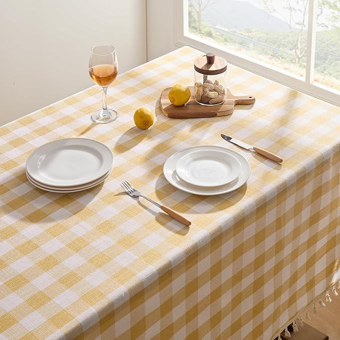 Softalker Checkered Tablecloth Square, Outdoor Linen Cotton Gingham Table Cloth with Tassel, Heavy Duty Wrinkle Free Buffalo Plaid Table Cover for Kitchen Dining Home Party - 55 x 55 Inch, Yellow