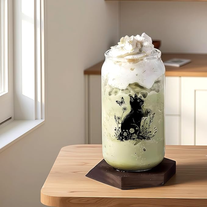 Cute Black Cat Glass Cup With Lids And Straws, Black Cat Gift For Women, Iced, Coffee, Smoothie, Cocktail, Beer, Whiskey, Soda, Matcha,16 Oz, Home Office Table Desk Decoration!