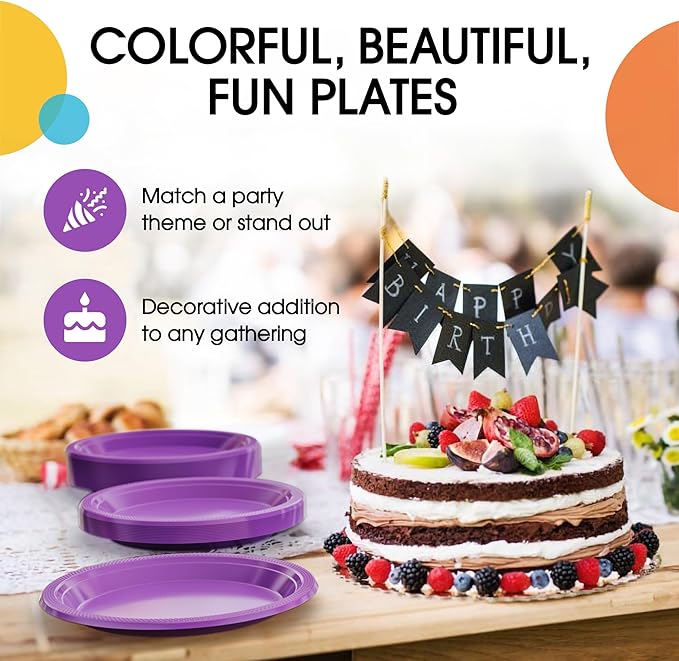 Purple Plastic Plates For Party 7" Purple Disposable Plates Heavy Duty 100 Pcs Plastic Dinnerware Sets Heavy Duty 350 GSM Disposable Dinnerware Set