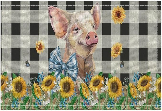 Rustic Pig Placemat Set, Vintage Farmhouse Cute Animal Sunflower Floral Black White Plaid Blue Bowknot Pattern Home Decor Table Mats for Dining Room Kitchen Party (17x12in) x2P
