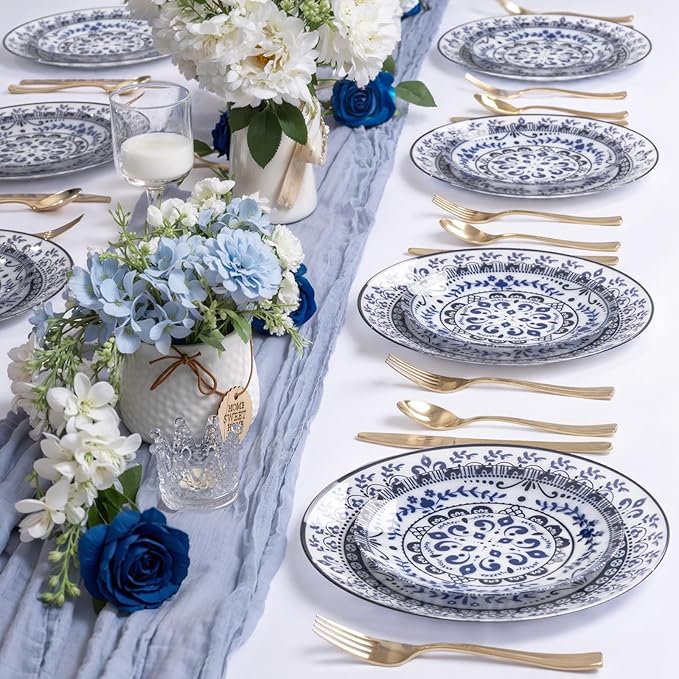 Hioasis 60pcs Blue Plastic Plates Set - Floral Blue & White Porcelain Design, 10.25" Dinner & 7.5" Dessert Plates Disposable for Wedding (Dishwasher Safe, Traditional Style)