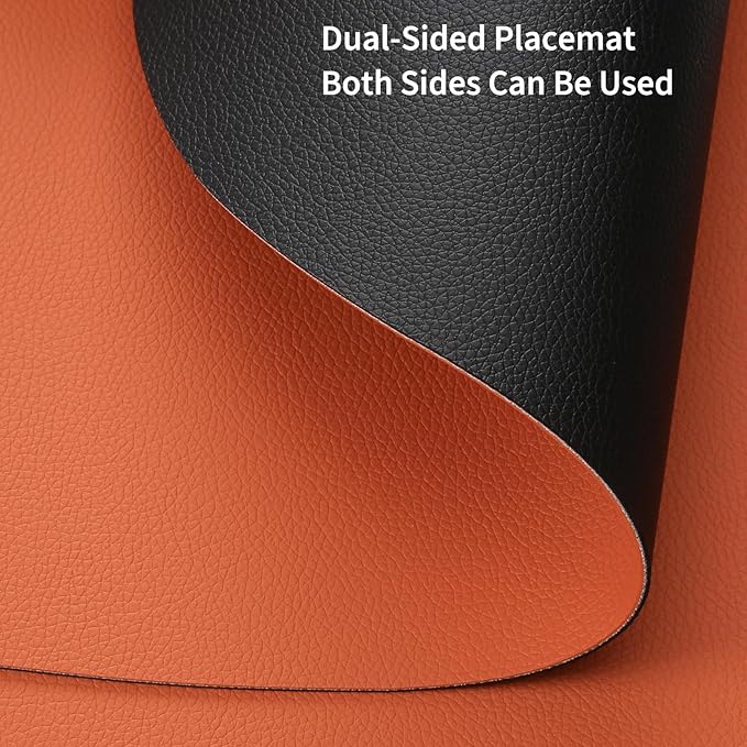 Myir JUN Round Placemats Set of 6 Faux Leather Place Mats and Coasters 15 inch Round Table Mats Dual Sided Non-Slip Stain Resistant Placemats (Black & Orange, Set of 6)