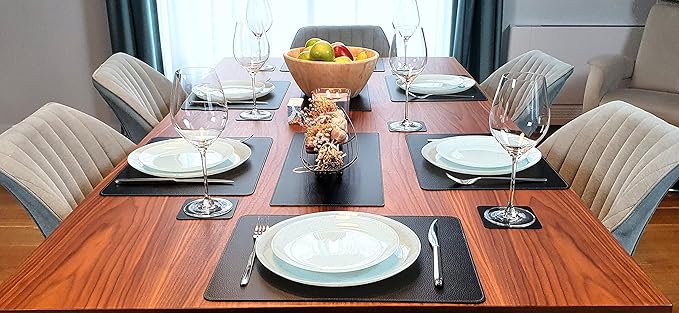 Nikalaz Set of Small Black 4 Placemats and 4 Coasters Made of Recycled Leather, Place Mats (15.7'' x 11.8'' and Coasters 3.9'' x 3.9'', Black)