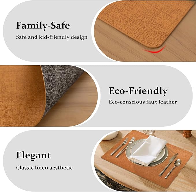 FROMHEART Faux Leather Placemats Set of 4–Waterproof,Heat/Oil Stain-Resistant PU Table Mat–Reversible,Non-Slip,Easy to Clean Place Mats for Kitchen,Dining,Indoor/Outdoor,(Orange-Grey,11.8" x 17")
