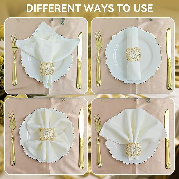 Gold Napkin Rings, Thanksgiving Christmas Napkin Rings Set of 12, Nickel-Plated Steel Table Decor for Festival Party - Mesh Shape