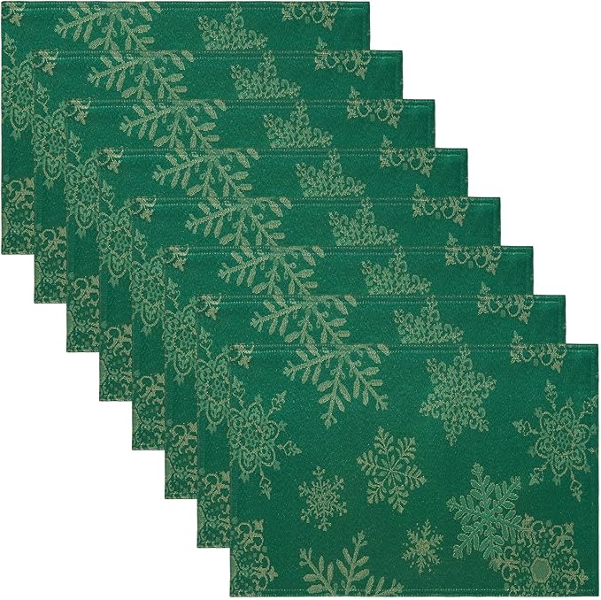 Cloth Place Mats Set of 8–Reusable Rectangular Waterproof Fabric Polyester Washable Wipeable Heat Resistant Jacquard Sparkling Metallic Snowflake for Kitchen Table(Hunter Gold/13x19 Inch)