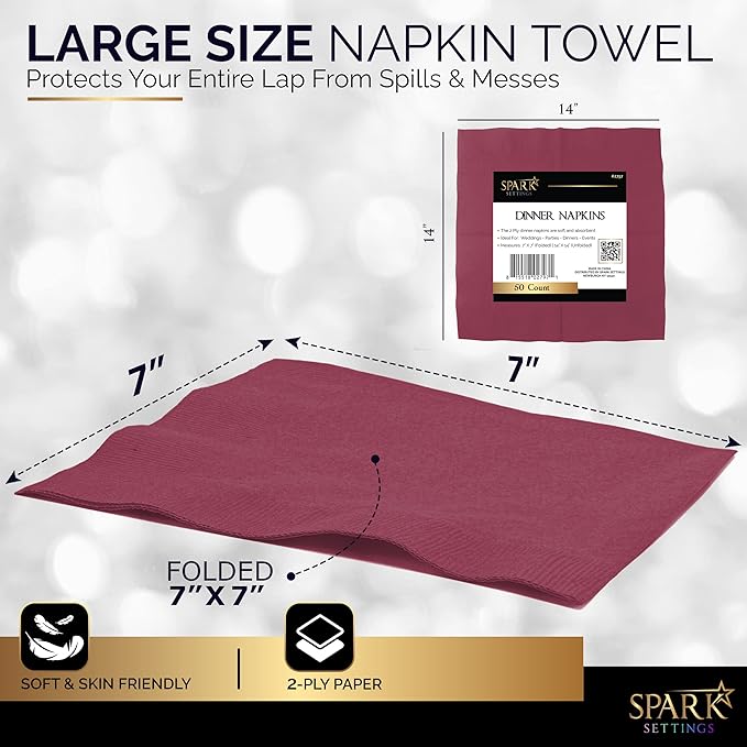 Cocktail Napkins Disposable, Burgundy Beverage Napkins Soft and Absorbent Paper Napkins for Dinner, Party, Wedding, Or Every Day Use, 7” x 7” 2 Ply Party Napkins, Pack of 40 - By Amcrate