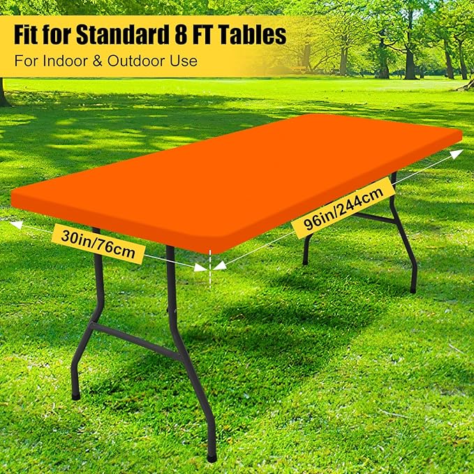 Smiry Rectangle Picnic Table Cloth, Waterproof Elastic Fitted Tablecloths for 8 Foot Tables, Washable Polyester Table Cover for Camping, Indoor and Outdoor (Orange, 30"x96")