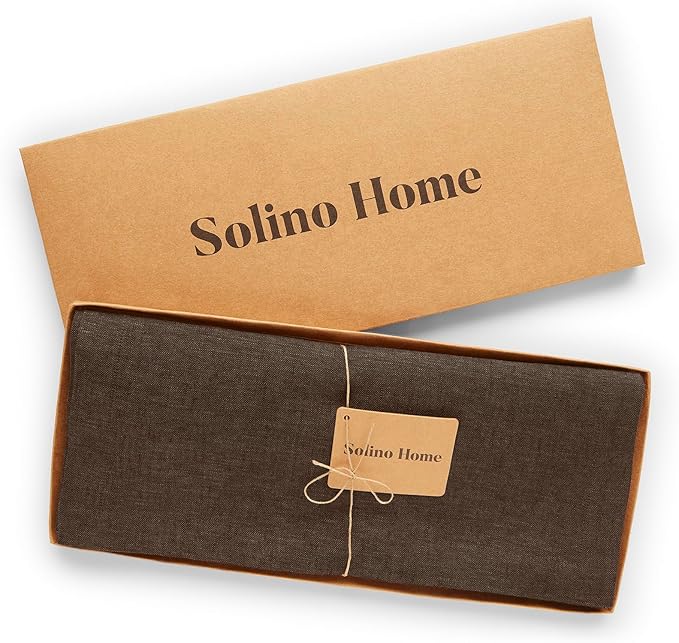 Solino Home Linen Chambray Brown Table Runner 108 Inches Long - Athena, 100% Pure Linen Dining Table Runner 14 x 108 Inch for Winter - Handcrafted and Machine Washable