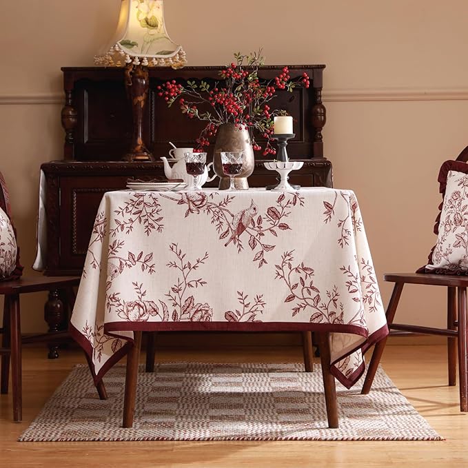 ISAENNE Designer Vintage Linen Long Tablecloth Rectangle,Red Floral Pattern Linen Stain Resistant Table Cloth,Decor Tablecloths for Dining Thanksgiving Kitchen Tea Party,63"*102"-Harmony