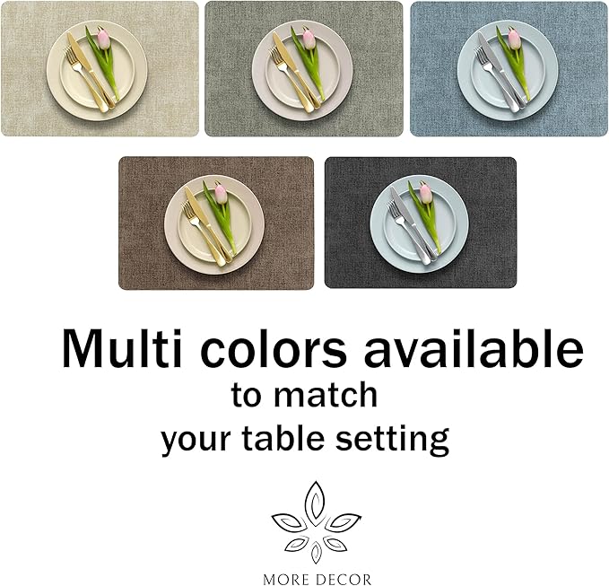 More Décor Faux Leather Placemats Set of 6 for Dining Table – Waterproof, Wipeable, Washable, Stain & Heat Resistant, Non-Slip Table Mats – 12 X 17 Inch, Light Grey