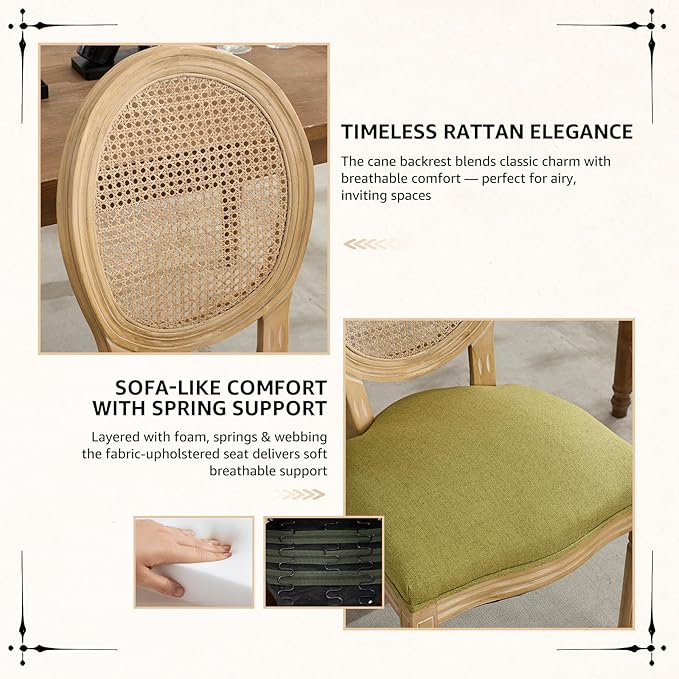 Vintage French Rattan Dining Chairs Set of 8, Round Back Accent Chairs with Rattan Backrest and Upholstered Linen Seat, Solid Frame Wood Sillas de Comedor for Dining Room & Kitchen, Olive Green