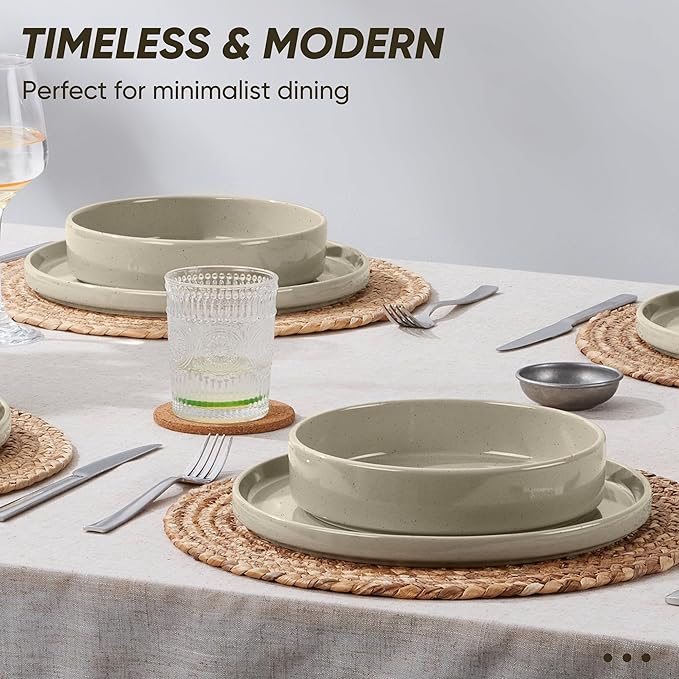 E-far 8-Piece Plates and Bowls Sets - Stoneware Dinnerware Sets with Pasta Bowls for 2 | Microwave & Dishwasher Safe Kitchen Modern Dish Set, Speckled Khaki