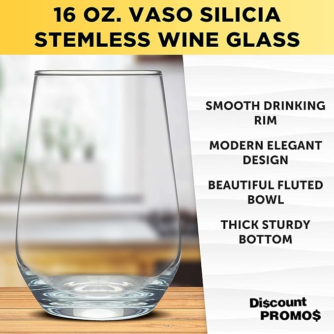 DISCOUNT PROMOS 10 Vaso Silicia Stemless Wine Glasses Set, 16 oz. - Clear, Orb-Like, Thick base - Clear